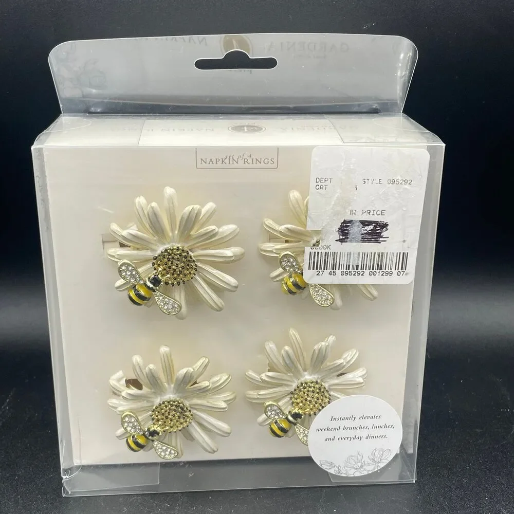 Mud Pie Gardenia Daisy Bee Napkin Rings White Gold Enamel Set of 4 Sealed Box